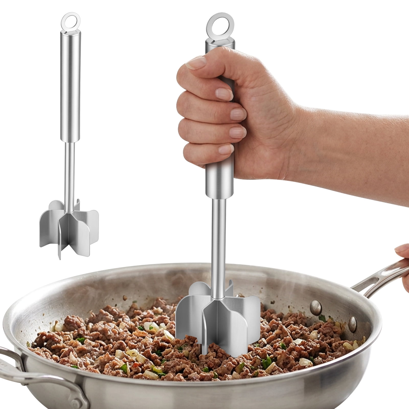Toorise 304 Stainless Steel Meat Chopper Practical 6 Curve Blade Ground Beef Masher Heat Resistant Heavy Duty Hamburger Potato Smasher Tool with Hanging Hole for Potato Avocado Fruit Meat