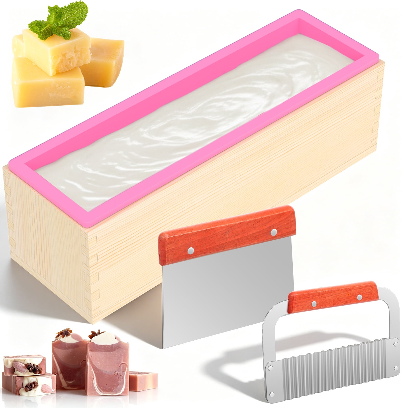Toorise 40.58oz Silicone Soap Mold with Wooden Box Stainless Steel Straight and Wavy Cutter Complete Soap Making Supplies Kit for DIY Cold Process Making
