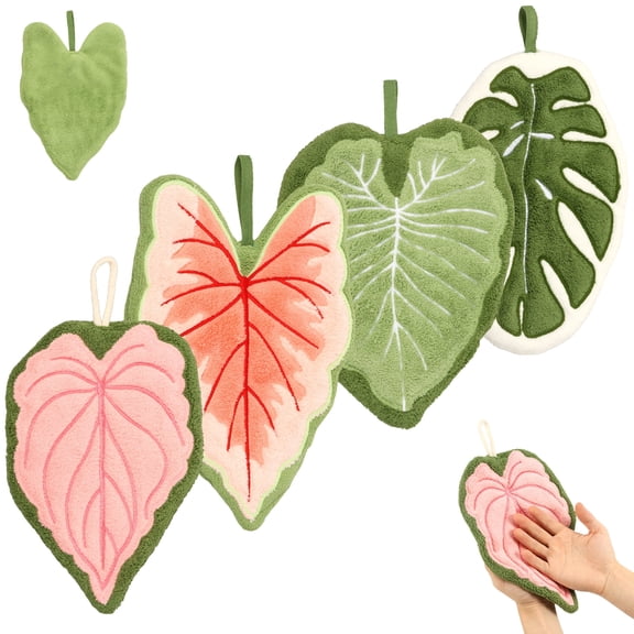 Toorise 4Pcs Leaf Shaped Hanging Kitchen Towels Cute Coral Fleece Tropical Plant Hand Towel Absorbent Quick Drying for Bathroom Kitchen Living Room