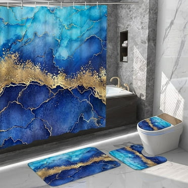Toorise 4Pcs Marble Shower Curtain Set with 12 Hooks Bathroom Set with Shower Curtain Rugs U-shaped Carpet and Toilet Lid Cover Bathroom Accessories Blue Gold