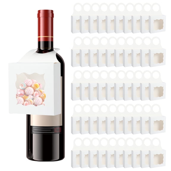 Toorise 50Pcs Wine Bottle Box with Visible Window Empty Hanging Foldable Gift Boxes White Wine Bottle Treat Box Brown Paper Wine Candy Gift Boxes Foldable Wine Bottle Hanging Gift Box