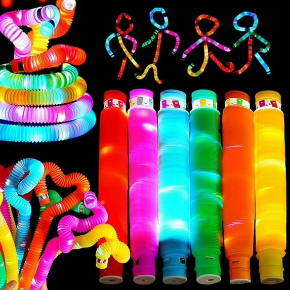 Toorise 6pcs Glowing Pop Tubes Stress and Anxiety Relief Fidget Pipe Creativity Development Fidget Tube Improve Fine Skill Motor Educative Sensory Tubes Set for Kids Gift