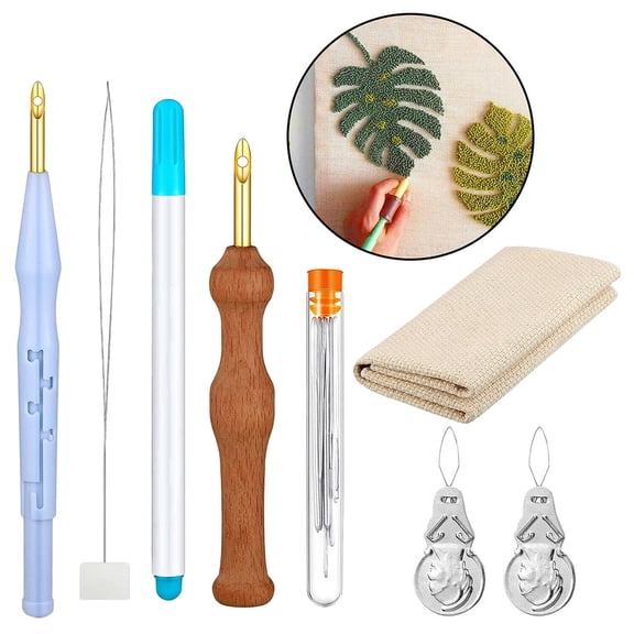 Toorise DIY Punch Needle Embroidery Kit Adjustable Rug Yarn Punch Needle Wooden Handle Embroidery Pen Embroidery Hoops Threaders Punch Needle Cloth for Beginner and Adult