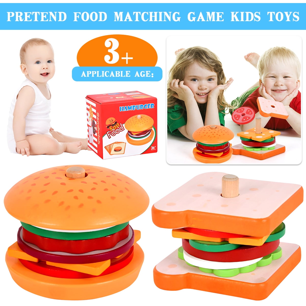 Toorise Montessori Hamburger Stacking Toys,Wooden Burger Toy,Play Food