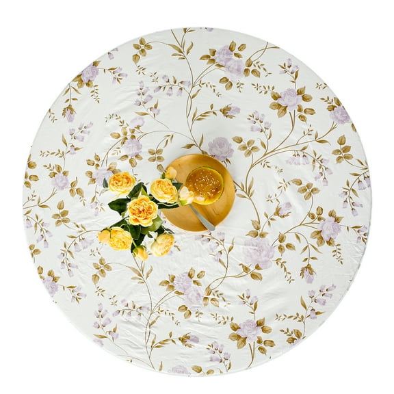 Toorise Round Vinyl Fitted Tablecloth with Flannel Backing Elastic Table Cloth Soft Enduring Table Cover Easy to Care Table Cloth for Dinner Outdoor Picnic,Trumpet Flower