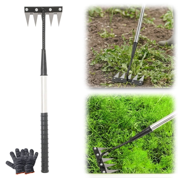 Toorise Stainless Steel Weeding Rake with Long Handle Adjustable Weed Puller Tool Manual Weeder Remover Tool for Cultivating Soil Aeration