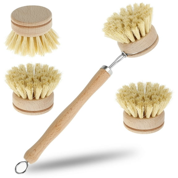 Toorise Wooden Kitchen Dish Brush Set Long Handle Pan Brush with 4 Replacement Brush Heads Natural Dish Pot Brushing Tool Household Kitchen Room Cleaning Supplies for Pans Pots Bowl Kitchen Sink Clean