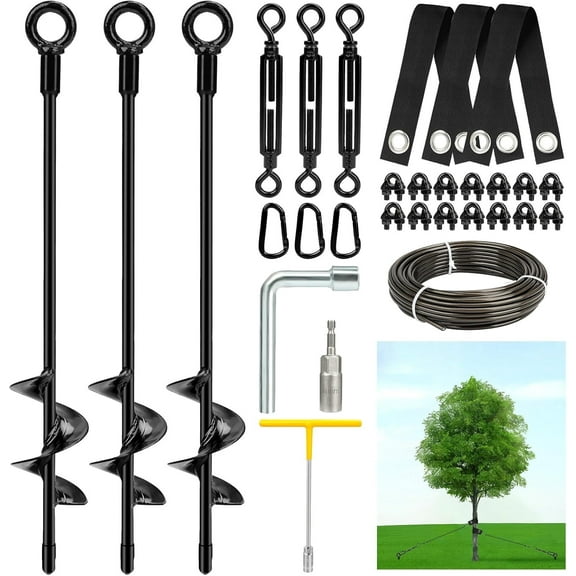 Tootaci 18" Tree Stakes Kit, Heavy Duty Steel Tree Supports with 3 Straps & 3 Turnbuckles & 3/16 PVC Coated Wire Rope for Leaning Trees 3 Pack