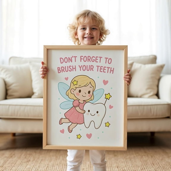 Tooth Fairy Bathroom Art Poster, Brush Your Teeth Reminder Home Decor, 8x12 UNFRAMED
