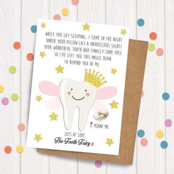 Tooth Fairy Card with Magic Bean - Cute Tooth Illustration for Kids - Unique Gift for Lost Tooth Celebration - Blank Inside with Kraft Envelope Included