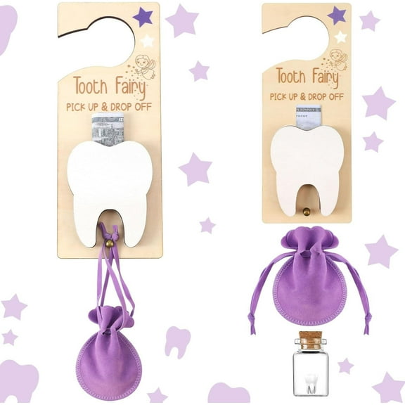 Tooth Fairy Keepsake 1PC Lost Tooth Storage Box Wooden Hanger with Velvet Bag & Glass Bottle for Boy' Teeth Collection & Display