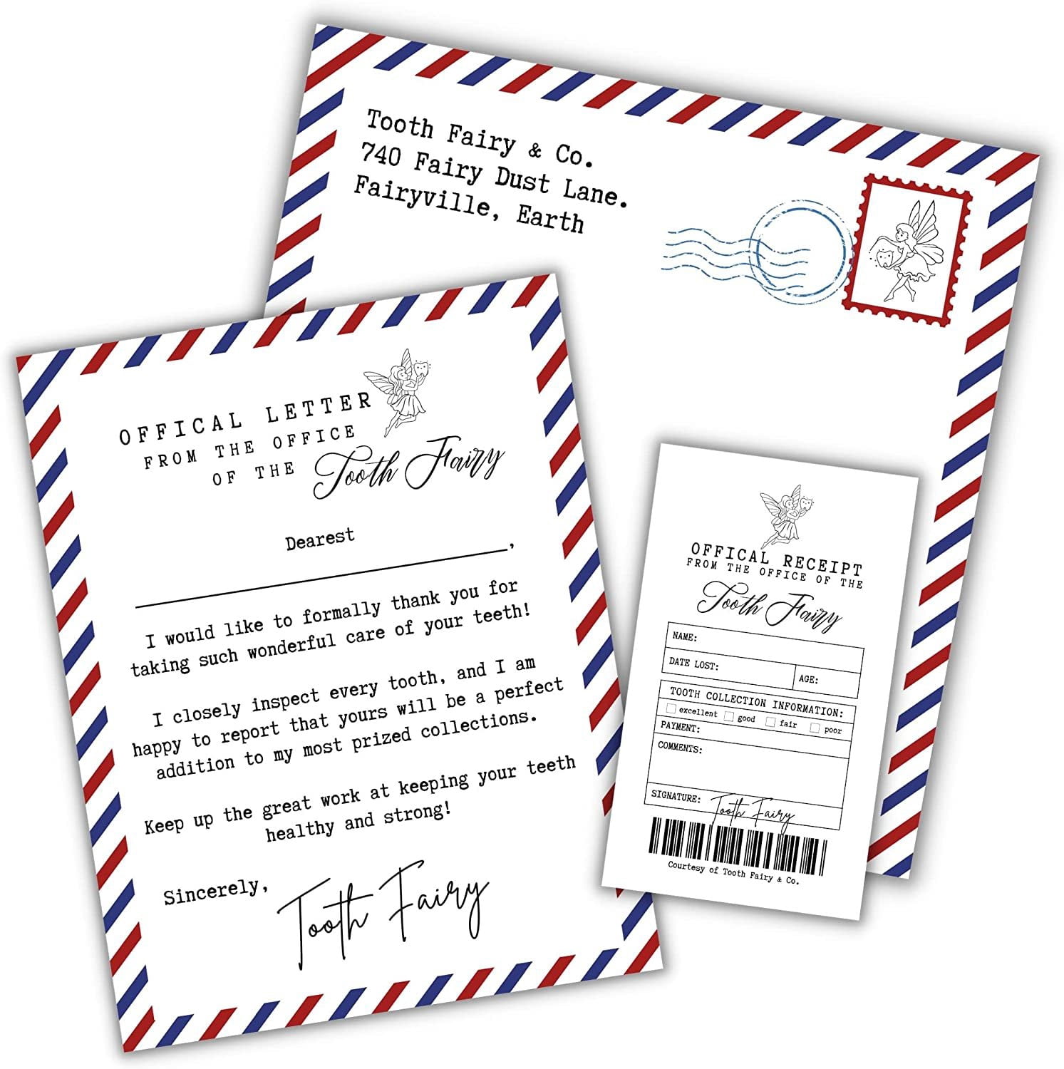 Tooth Fairy Letter Paper Certificate Receipt Envelope and Card for Lost Tooth chart for money under kids pillow can add gold coins  60pk 20 of each item Teeth Keepsake for Boys Girls Gender Neutral