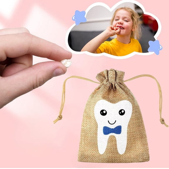 Tooth Fairy Pouch for Ki-ds - Linen Drawstring Bag for Lost Ba-by Teeth Keepsake, Under Pillow Holder, Gift for B-oys Gi-rls, Ba-by Shower Birthday First Tooth