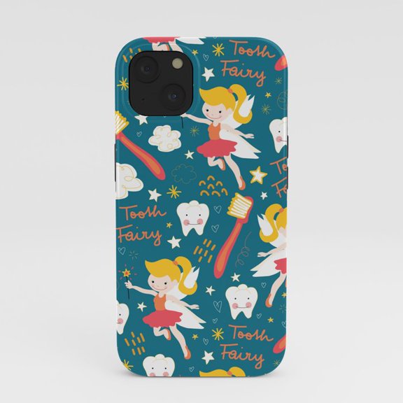 Tooth Fairy, Teeth, Toothbrushes and Stars Teal Tough Case for Apple iPhone, Polycarbonate and TPU