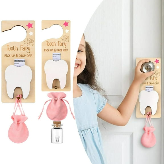 Tooth Fairy Tooth Holder Kit, Pink Door Hanger with Money Slot, Velvet Pouch & Glass Keepsake Bottle, Cute Gift for Lost Teeth Boys & Girls