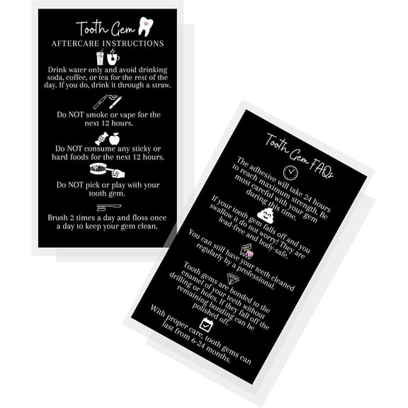 Tooth Gem Aftercare Instructions Cards 50 Pack Size 2x3.5" inch Business Card Wallet Sized Black with White Design
