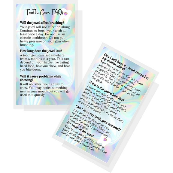 Tooth Gem FAQ Card 50 Pack Size 2x3.5" inch Business Card Matches Tooth Gem Aftercare Card Wallet Sized Non-Reflective Matte Holographic Look Design