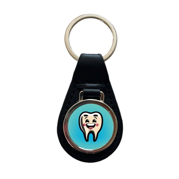 Tooth Happy Dentist Metal Black Leather Keychain