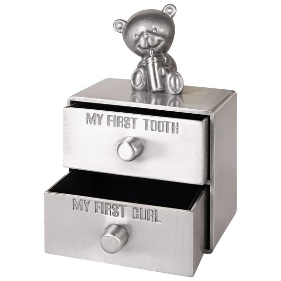 Tooth Keepsake Box with First Curl Drawer, Metal Memory Storage Container with Bear Design, 2 Compartment Treasure Chest Shower Gift Box for Little Ones