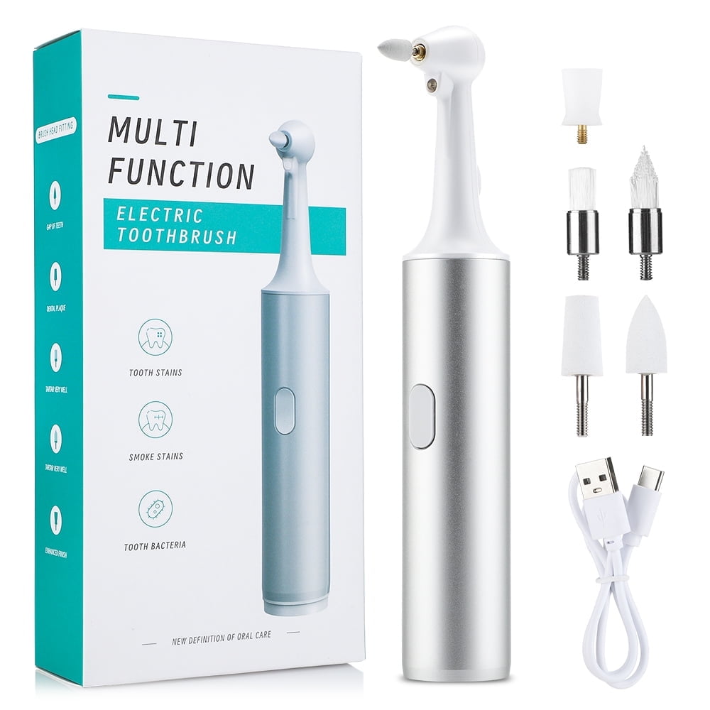 Tooth Polisher,Electric Teeth Polisher Professional with 5 Brush Heads, USB Tooth Whitening Kit, Plaque Remover with LED Light, Dental Polisher for Adults & Kids White