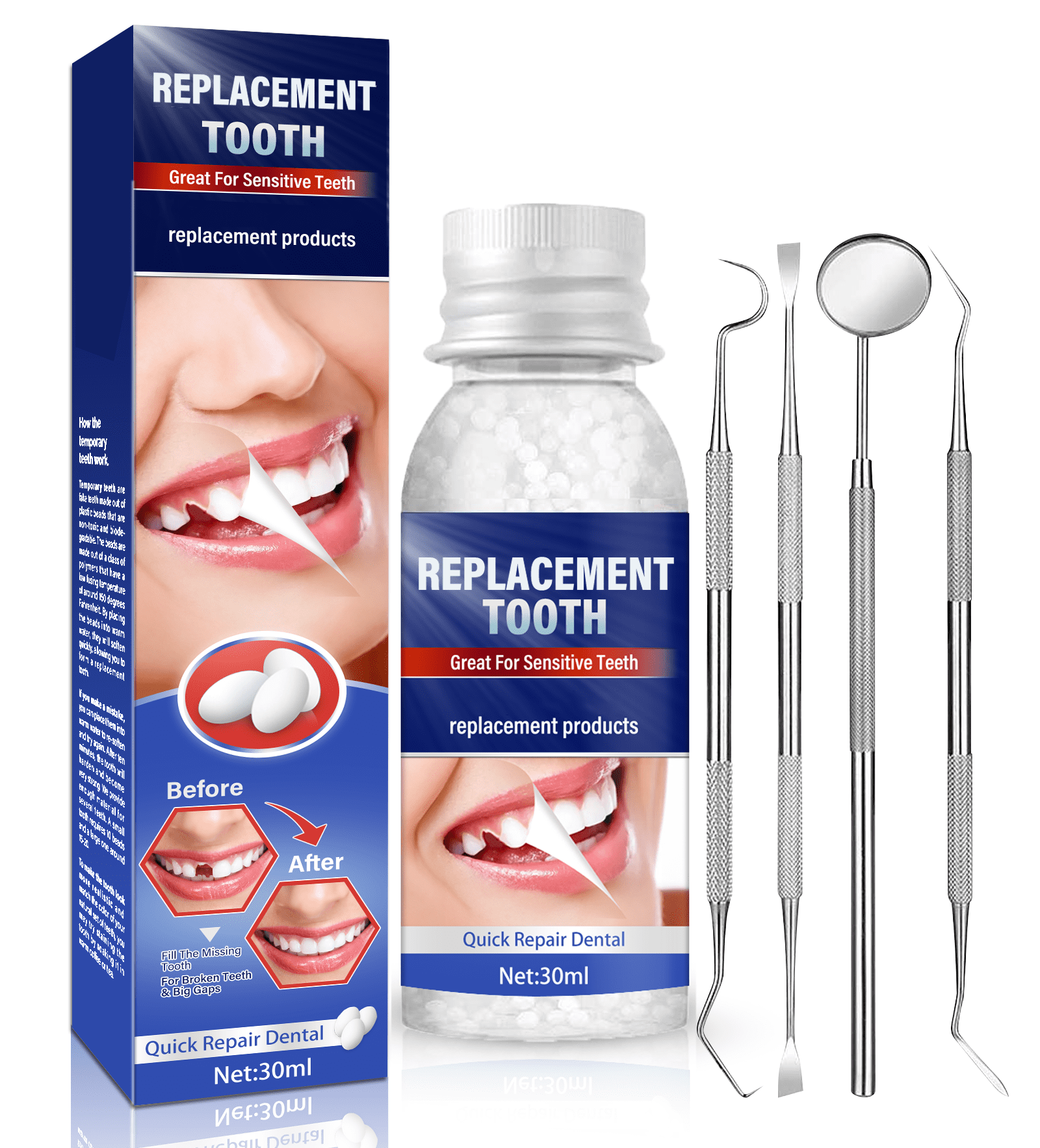 30 ml Tooth Repair Kit, Fake Teeth Replacement Kit - Moldable Thermal  Fitting Beads for Filling Fix Missing and Broken Tooth or Adhesive Denture  Fake