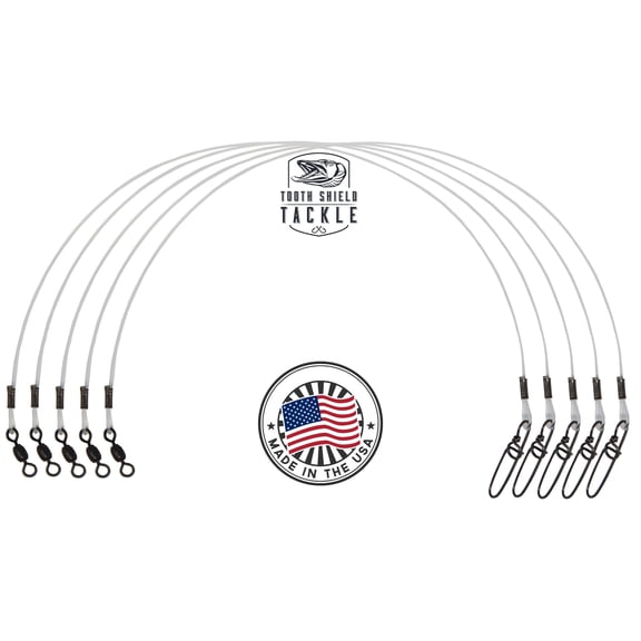 Tooth Shield Tackle 5 Pack 80 lb. 12" Premium Fluorocarbon Tooth Shield Tackle Musky Leader Muskie Pike Leader (Crane Swivel)