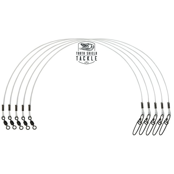 Tooth Shield Tackle 5 Pack 80 lb. 8" Premium Fluorocarbon Tooth Shield Tackle Musky Leader Muskie Pike Leader (Crane Swivel)