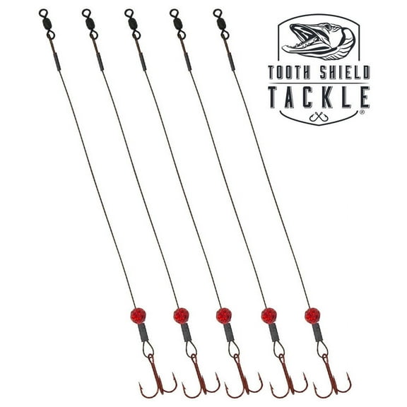 Tooth Shield Tackle Disco Bomb Ice Fishing Tip Up Leader Rig (90 lb) Ice Fishing Sucker Walleye Pike Musky Predator Rig (5 Pack) (Camo/Blood Red Disco Bomb) (VMC # 6)