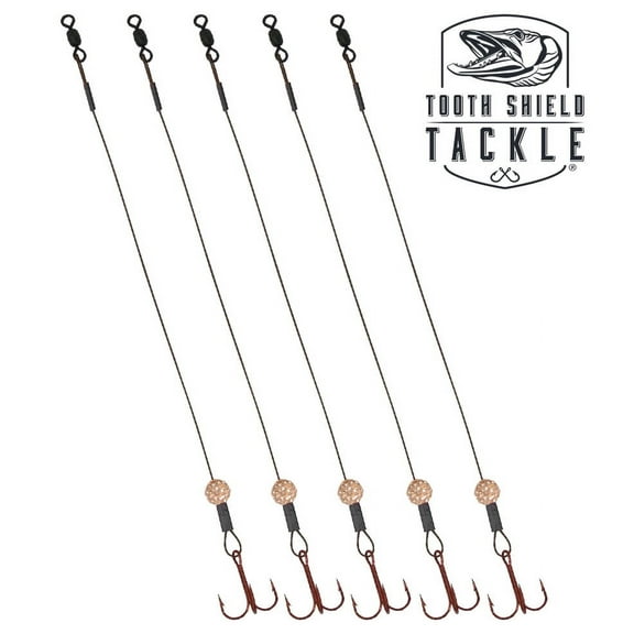 Tooth Shield Tackle Disco Bomb Ice Fishing Tip Up Leader Rig (90 lb) Ice Fishing Sucker Walleye Pike Musky Predator Rig (5 Pack) (Camo/Gold Disco Bomb) (VMC #1/0)