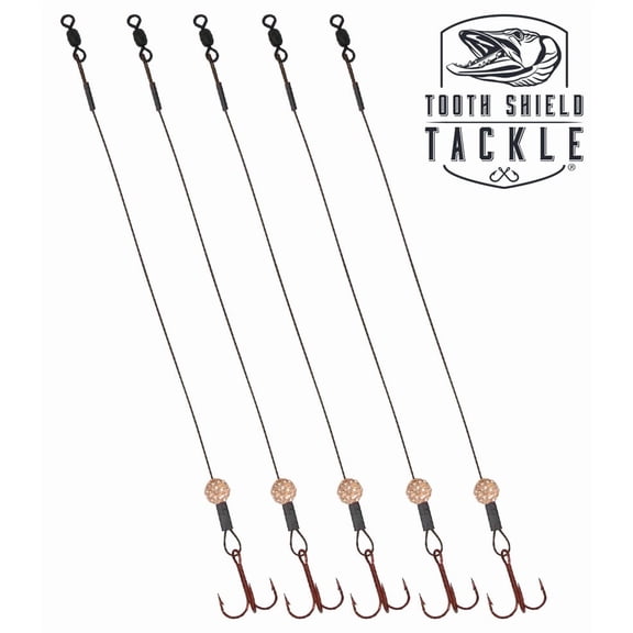 Tooth Shield Tackle Disco Bomb Ice Fishing Tip Up Leader Rig (90 lb) Ice Fishing Sucker Walleye Pike Musky Predator Rig (5 Pack) (Camo/Gold Disco Bomb) (VMC #6)