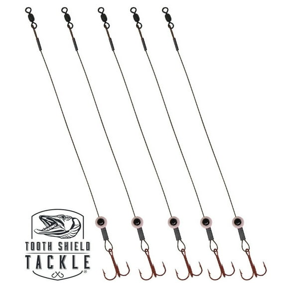 Tooth Shield Tackle Fish Eye Ice Fishing Tip Up Leader Rig (90 lb) Ice Fishing Sucker Walleye Pike Musky Predator Rig (5 Pack) (Camo/Pink Fish Eye) (VMC # 2)