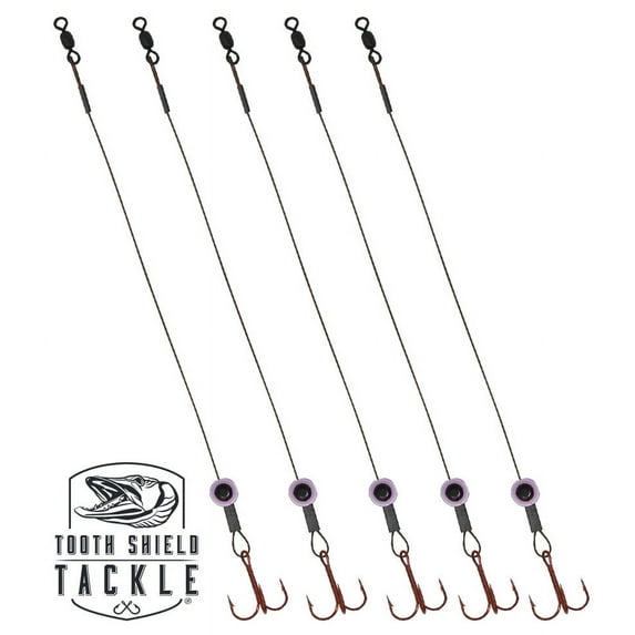 Tooth Shield Tackle Fish Eye Ice Fishing Tip Up Leader Rig (90 lb) Ice Fishing Sucker Walleye Pike Musky Predator Rig (5 Pack) (Camo/Red Fish Eye) (VMC # 1/0)