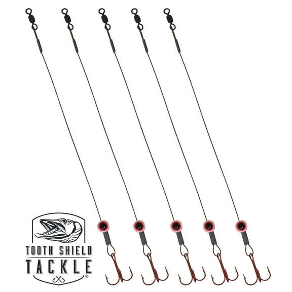 Tooth Shield Tackle Fish Eye Ice Fishing Tip Up Leader Rig (90 lb) Ice Fishing Sucker Walleye Pike Musky Predator Rig (5 Pack) (Camo/Red Fish Eye) (VMC # 6)