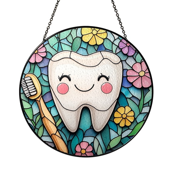 Tooth themed acrylic stained style ornament, custom window decor for dental spaces