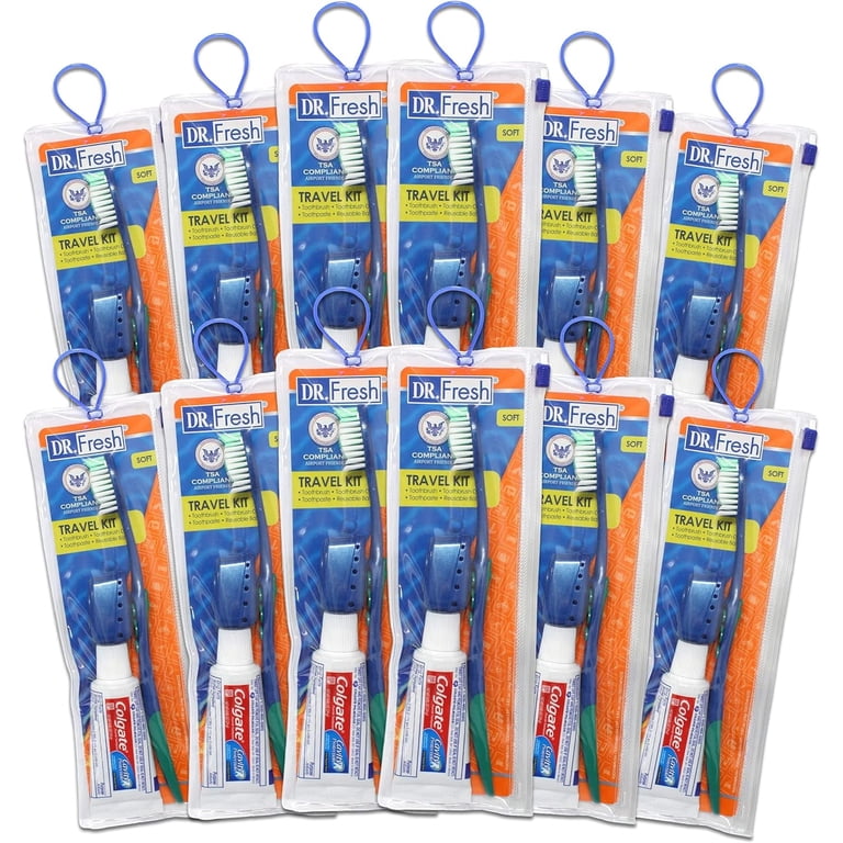 Dr. Fresh Travel Toothbrush Kit, 12 Pack, Includes Soft Brush