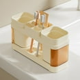 thumbnail image 1 of Toothbrush & Cup Holder with Drainage | Plastic Bathroom Countertop Organizer for Toothpaste & Toiletries | Compact Storage Rack for Sink, White or Beige, 1 of 6