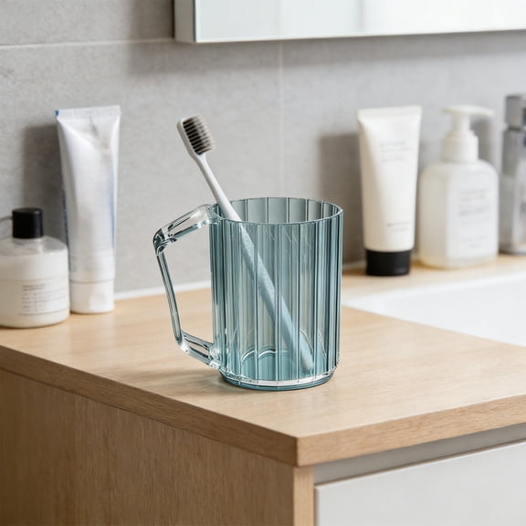 Toothbrush Cup - Plastic Transparent Bathroom Holder with Tall Ridged Texture and Integrated Handle for Couples, 4.3 x 3 x 3.9 in, (Blue), Ccwuwei