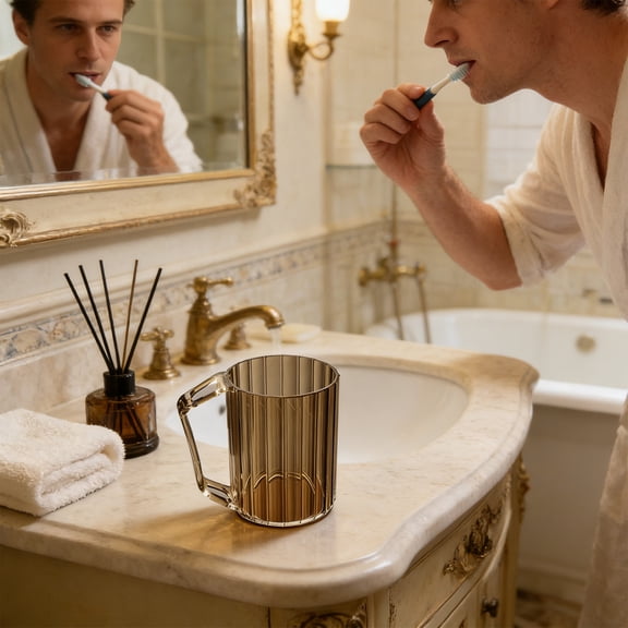 Toothbrush Cup - Plastic Transparent Bathroom Holder with Tall Ridged Texture and Integrated Handle for Couples, 4.3 x 3 x 3.9 in, (Khaki), Ccwuwei