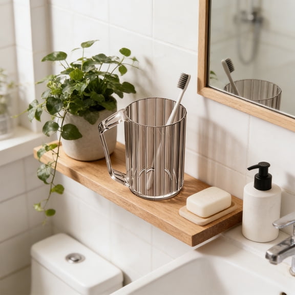 Toothbrush Cup - Plastic Transparent Bathroom Holder with Tall Ridged Texture and Integrated Handle for Couples, 4.3 x 3 x 3.9 in, (Pink), Ccwuwei