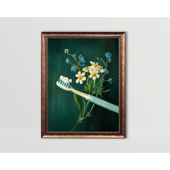 Toothbrush, Dental Wall Art, Green Bathroom Decor Dentist Office Decor Floral Powder Room Print Moody Flowers Toothpaste Poster, Unframed Poster Size 24x36