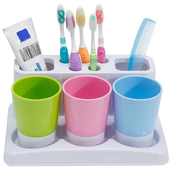 Toothbrush Holder 5 Hole Toothpaste Stand Bathroom Organizer with 3 Rinse Cups for Family Set