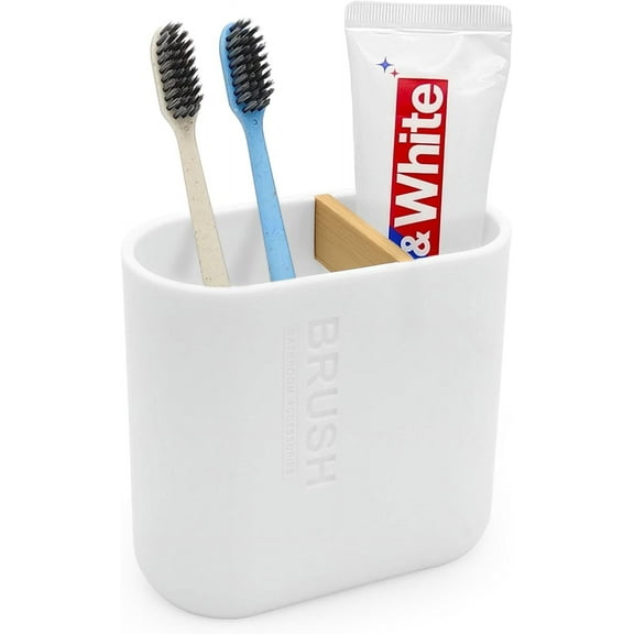 Toothbrush Holder with Bamboo Divider,Detachable for Easy Cleaning Multi-Functional Storage,2 Slots Electric and Toothpaste Organizer Caddy Bathroom Vanity,Sink,Countertop (White)