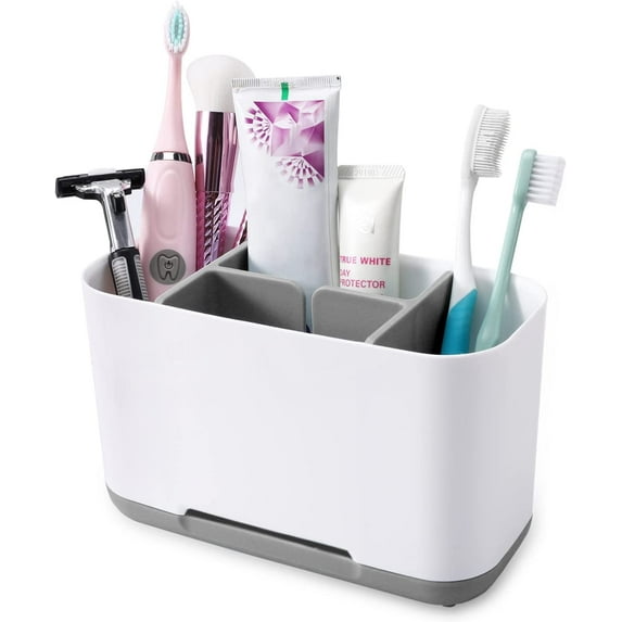 Toothbrush Holder for Bathroom with Anti-Slip. 5 Slots Detachable Toothpaste and Toothbrush Organizer with 2 dividers for Family.Bathroom Storage Organizer Caddy Countertop(Grey
