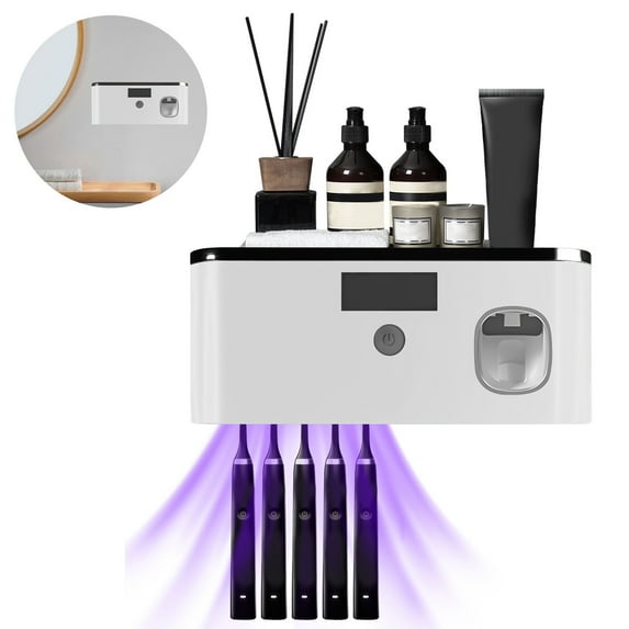 Automatic Toothpaste Dispenser, Wall Mounted Bathroom Toothbrush Holder with Usb Charging and Storage Tray, White