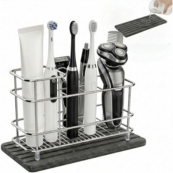 Toothbrush Holder for Bathroom Countertop, Stainless Steel Electric Toothbrush Organizer with Quick-Drying Diatomite Stone Mat, Rustproof Vanity Caddy for Toothpaste and Razors, Grey