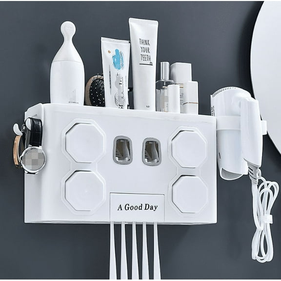 Toothbrush Holder for Bathroom Storage, 4 Cups Toothbrush Holder Wall Mounted with Toothpaste Dispenser Bathroom Set, Large Capacity Tooth Brushing Holder Bathroom Organization and Storage
