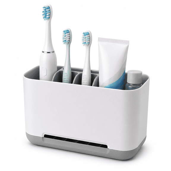 Toothbrush Holder Organizer for Bathroom Countertop, Multi-Compartment Toothpaste Storage Caddy with Drainage Base, White & Gray