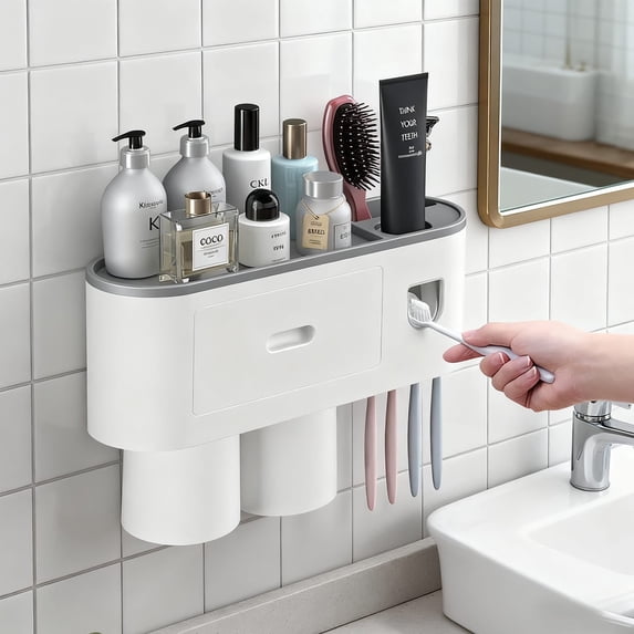 JUNLIN Toothbrush Holder for Bathroom, Toothpaste Holder and Dispenser,Wall Mounted Toothbrush Cup Holder with Brush Sink, Cup, Cosmetic Drawer and Storage Tray White