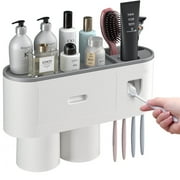 Toothbrush Holder for Bathroom, Toothpaste Holder and Dispenser,Wall Mounted Toothbrush Cup Holder with Brush Sink, Cup, Cosmetic Drawer and Storage Tray White