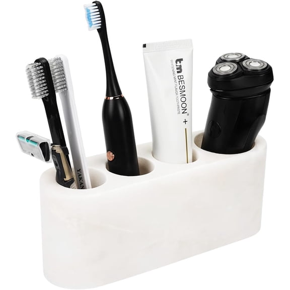 Toothbrush Holder for Bathrooms, 4 Slots Marble Toothbrush and Toothpaste Holder Stand Bathroom Organizer Countertop for Electric Toothbrush, Floss, Razor, Comb - Karibib Ice